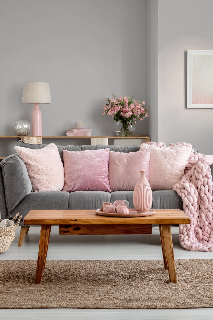 Grey sofa with pink velvet pillows and ceramic vases