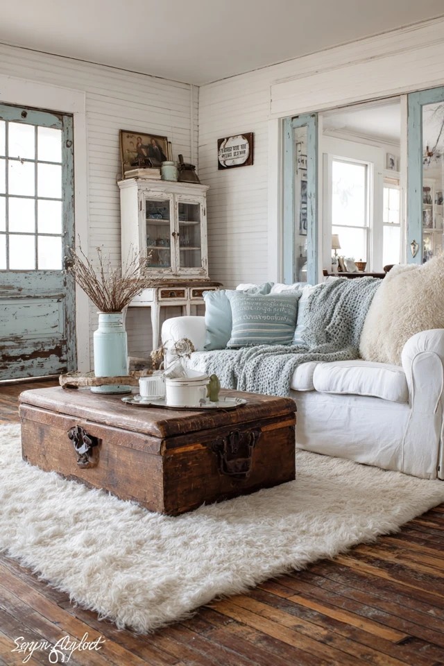 White built-in shelves with ironstone and baskets