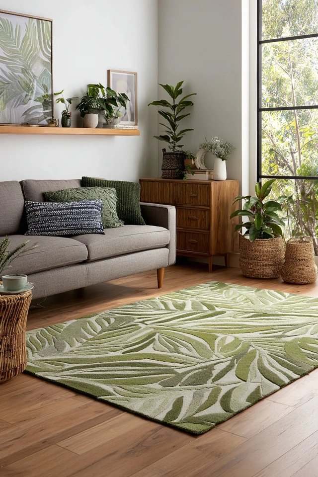 Sage green area rug with leaf pattern