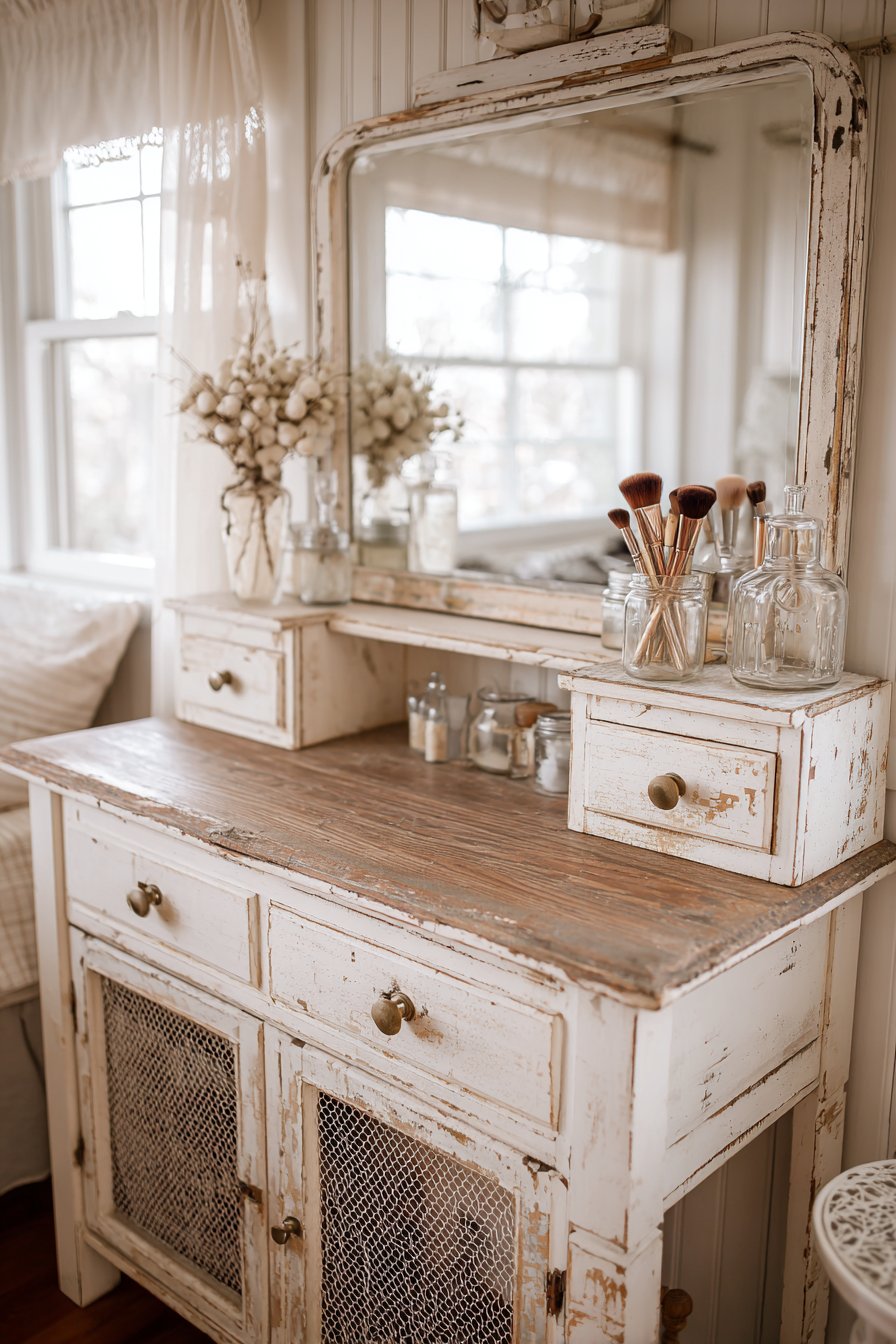 White distressed vanity with chicken wire cabinet doors