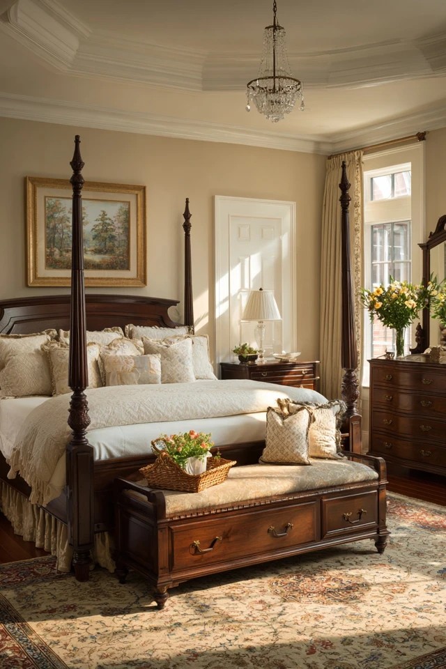 Mahogany four-poster bed with white linens and armoire