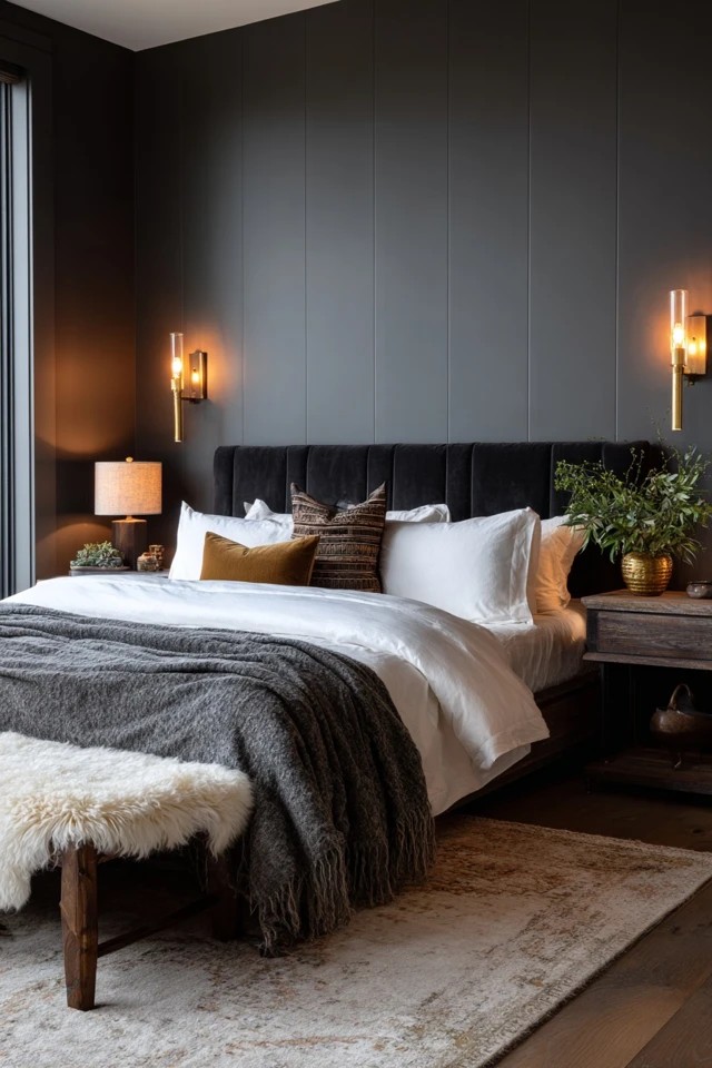 Deep grey walls with crisp white bedding and brass sconces