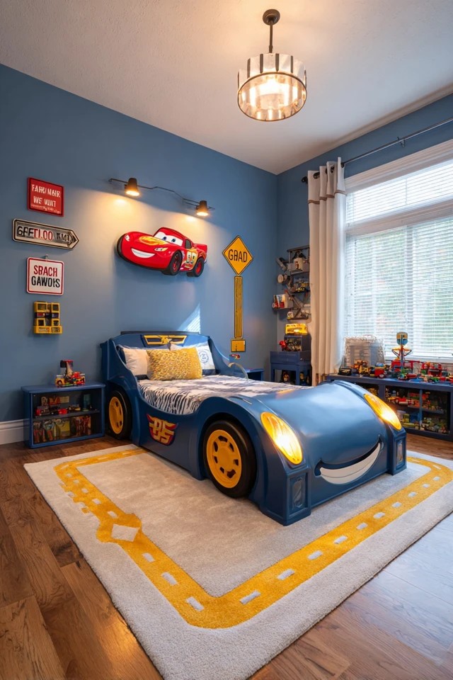 Car-shaped bed with road rug and traffic sign art
