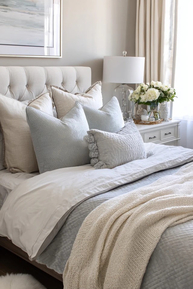 High thread count linens with decorative pillows and cashmere throw