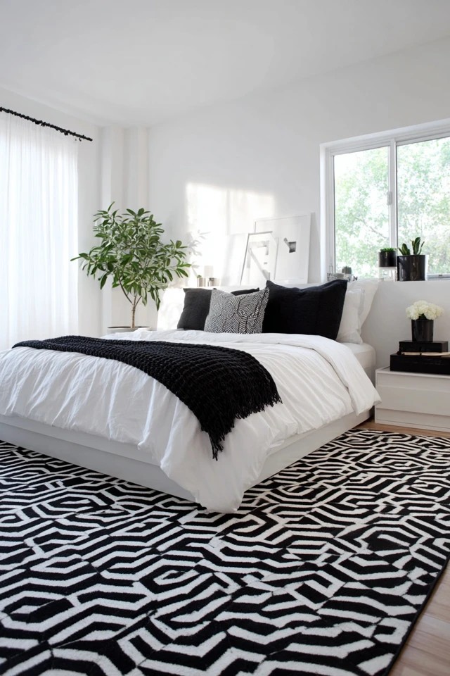 Textured white planks with black iron bed and pendants