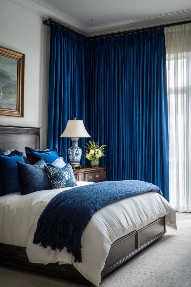 Deep blue floor-to-ceiling drapes with white walls