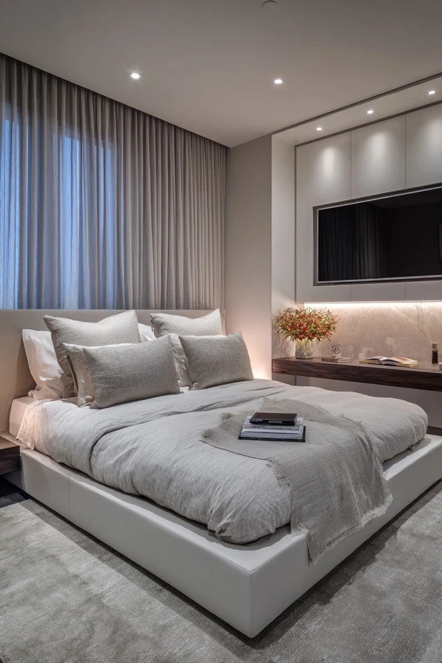 Off-center bed with staggered floating shelves