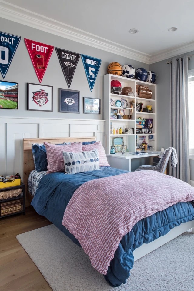 Team pennants with equipment storage and trophy shelf