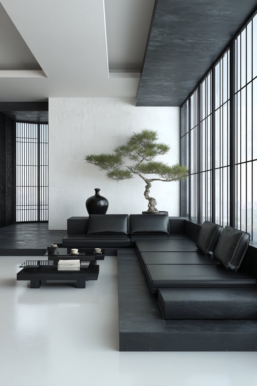 Black tatami platform seating with white walls