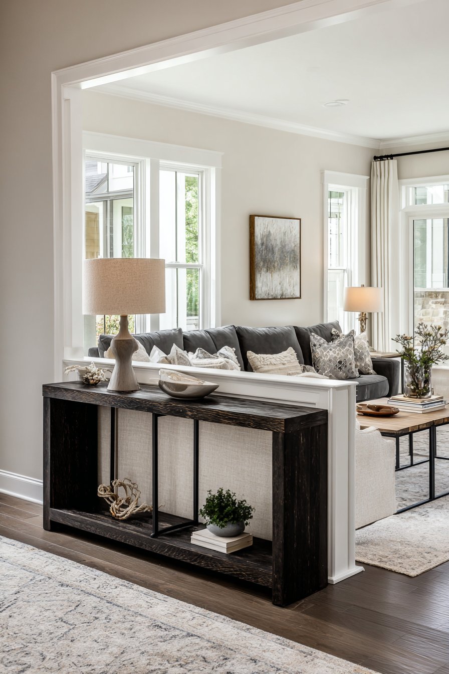 Dark wood console table defining entry from living room