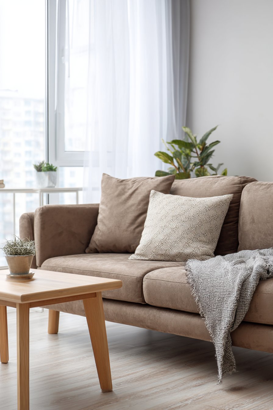 Light brown fabric sofa with oak legs in Nordic room
