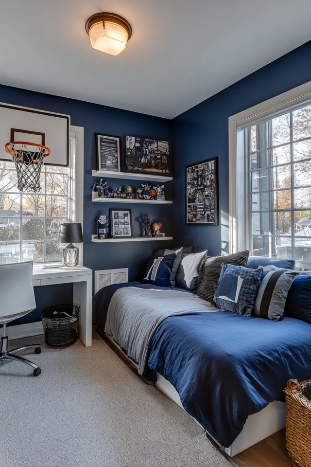 Navy walls with white trim and organized storage