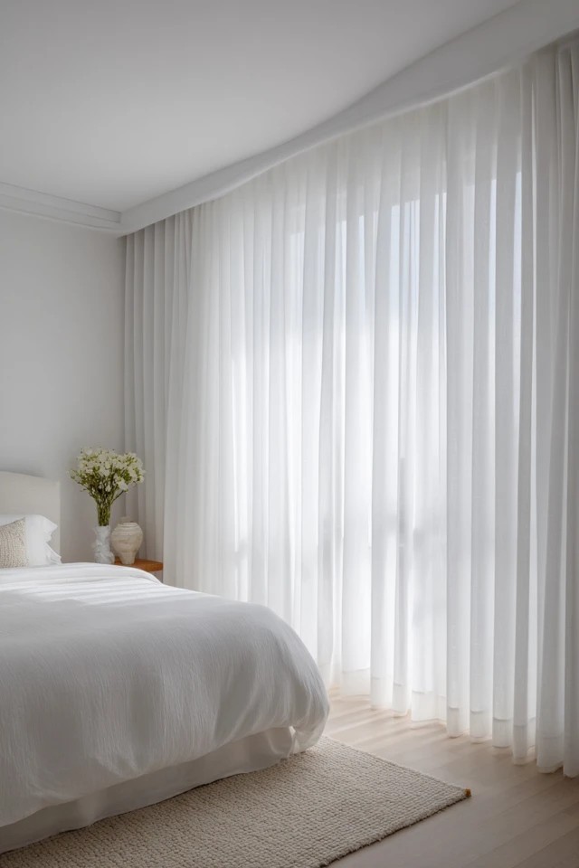 Flowing white linen panels from ceiling track