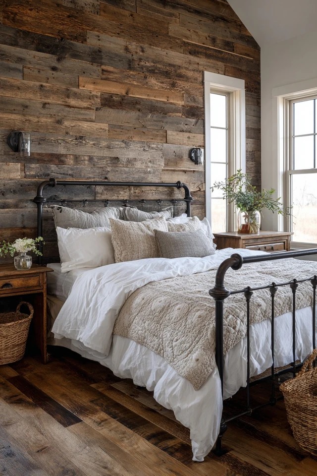 Horizontal wood planks with natural patina behind bed