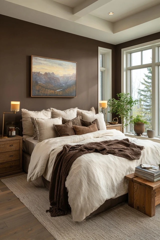 Deep brown walls with cream bedding and brass lamps