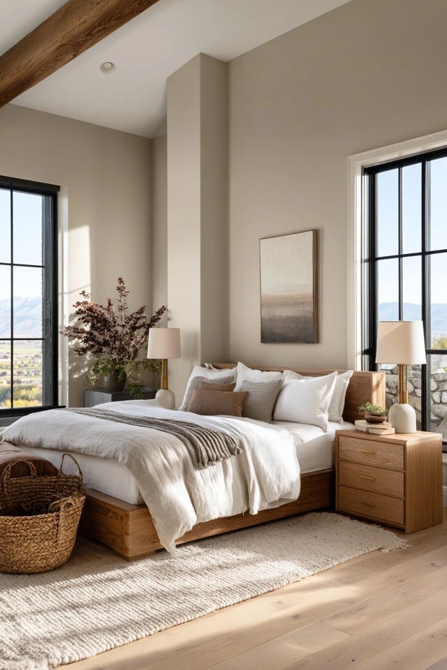 Sand beige walls with white linen and brass lamps