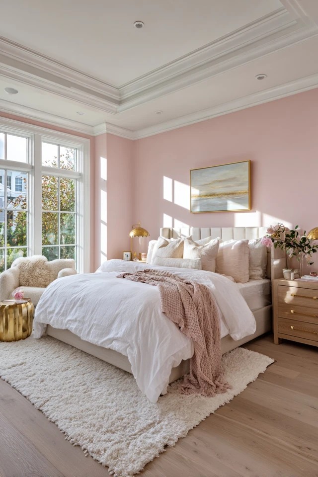 Gentle blush pink walls with white linen and gold accents
