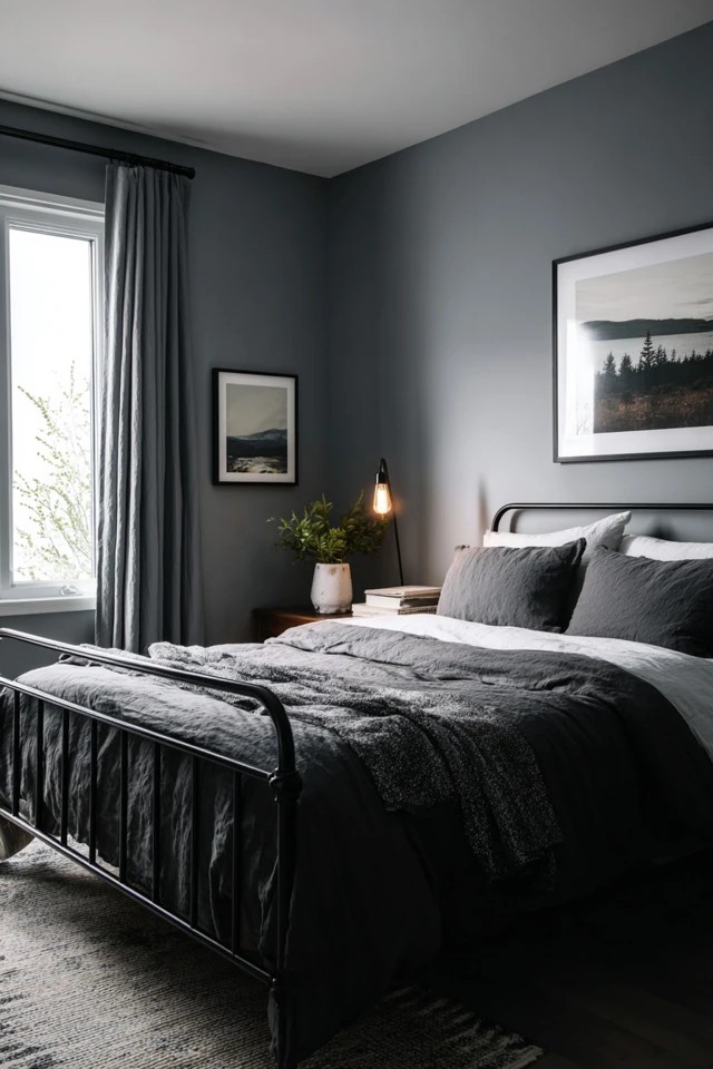 Matching black-stained furniture with grey walls