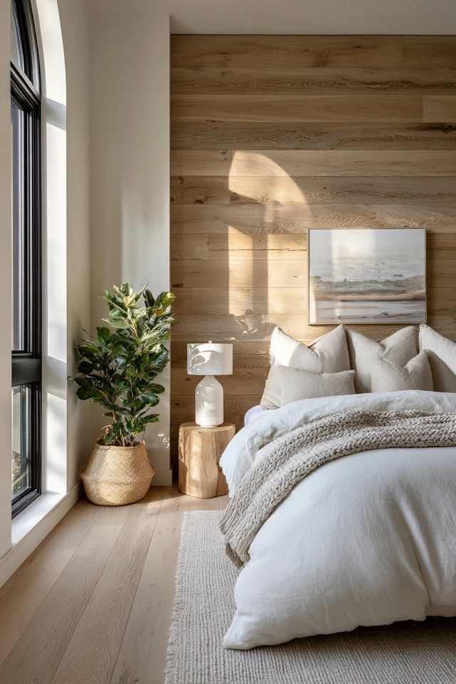 Horizontal wood planks in pale natural finish