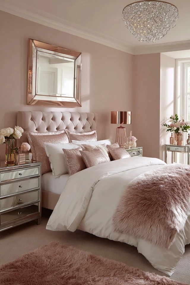 Pale blush walls with rose gold mirror and lamps