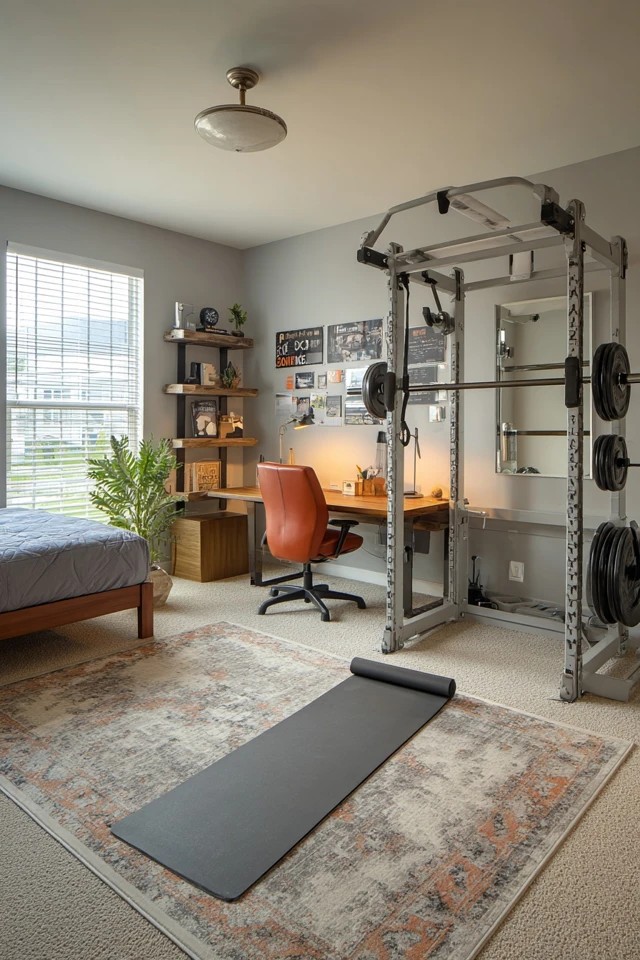 Weight rack with pull-up bar and motivational poster