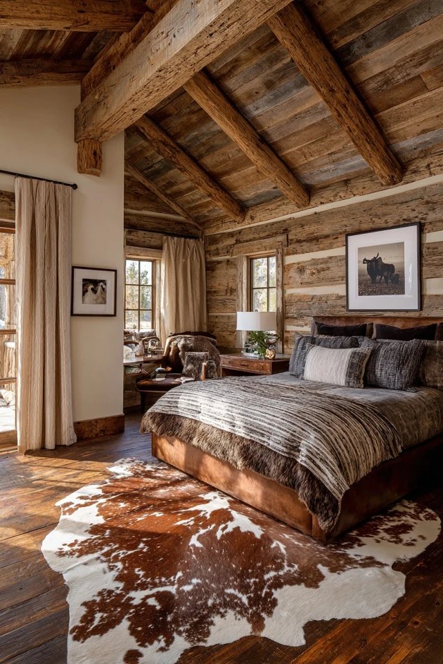 Natural hide with brown-white pattern on hardwood