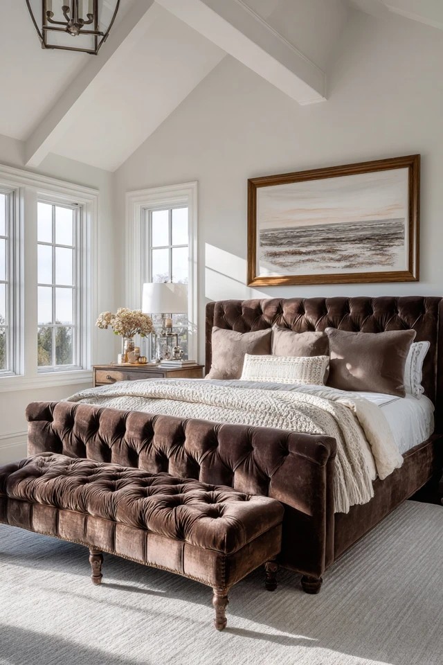 Velvet bench with button tufting at bed foot