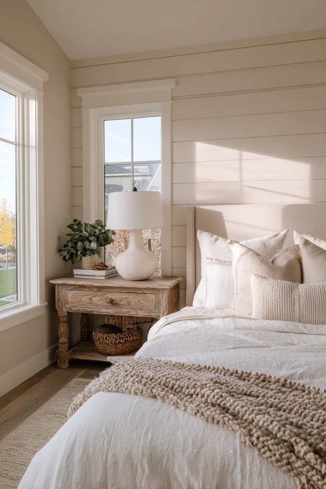 Neutral beige with warm terracotta textiles