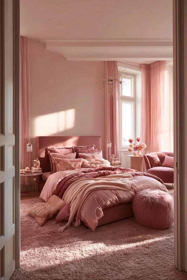 Peachy-salmon pink with white furniture and coral
