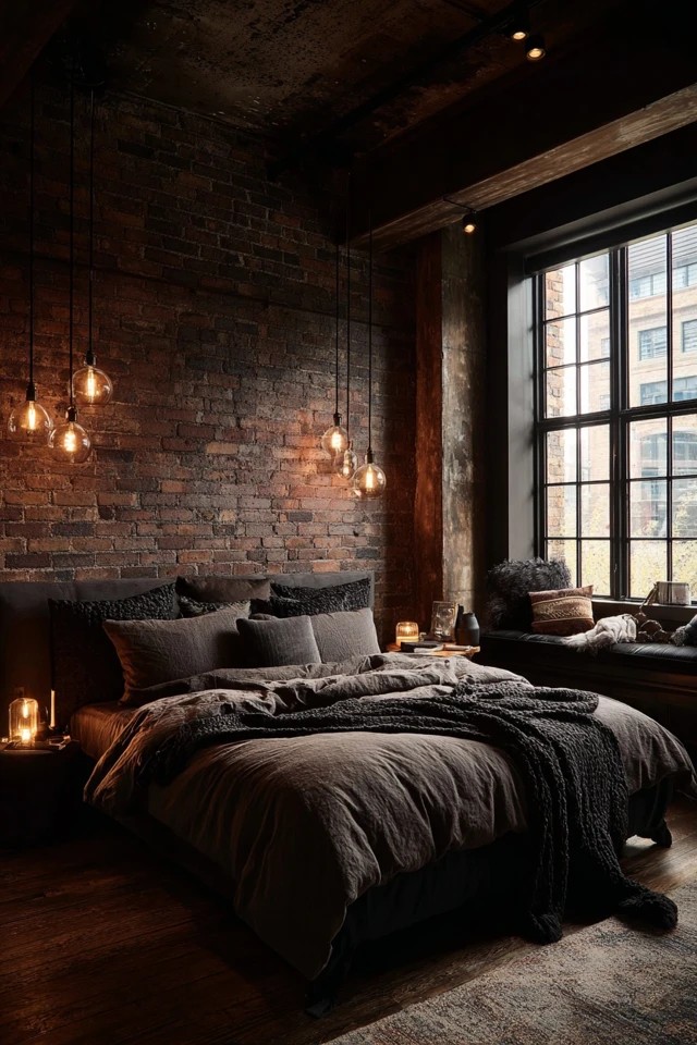 Dark grey walls with black metal and charcoal bedding
