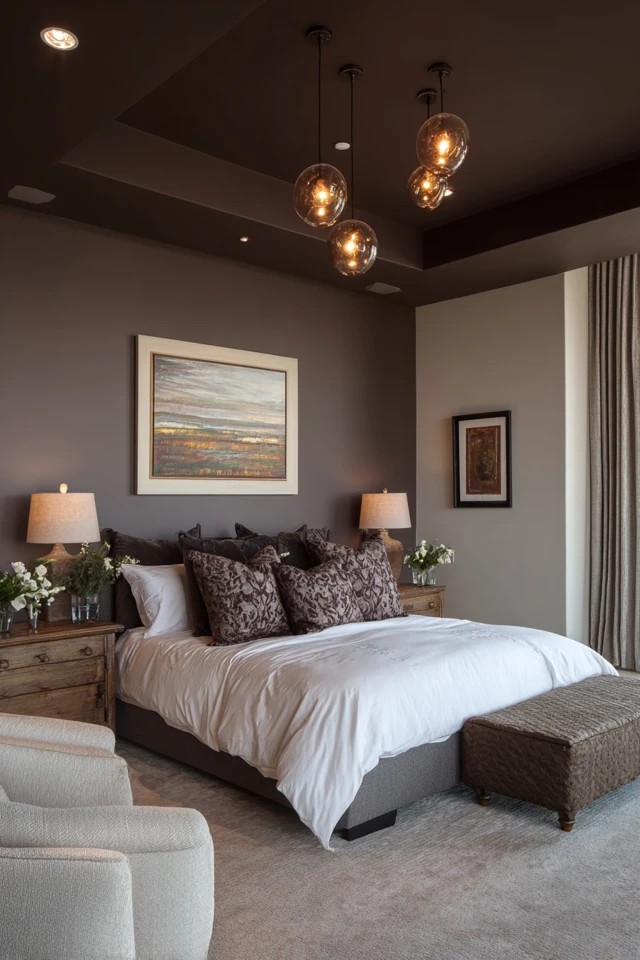 Dark brown ceiling with cream walls and white bedding
