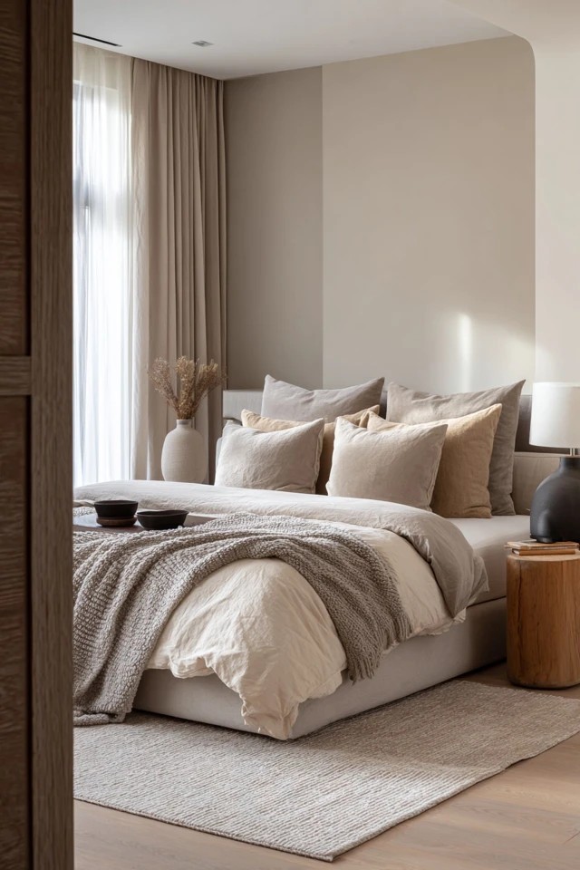 Varied beiges in velvet, linen, and wood