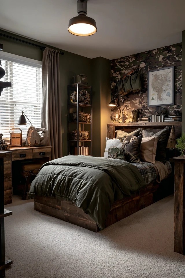 Camo pattern wall with camping gear display