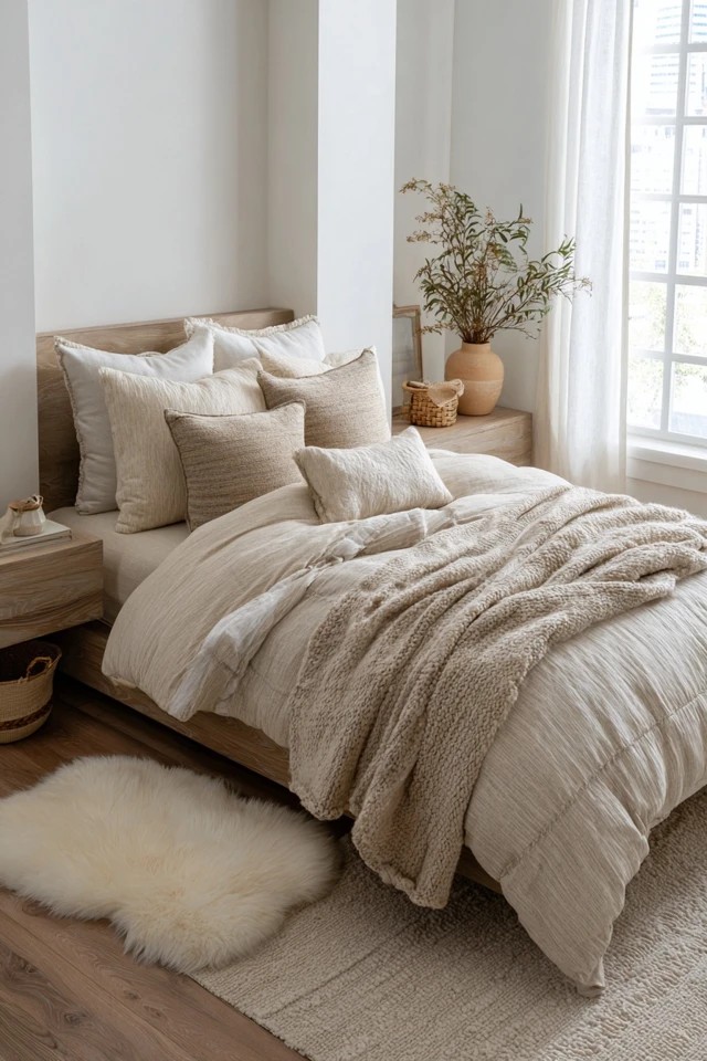 Beige duvet with tan pillows and cream blanket