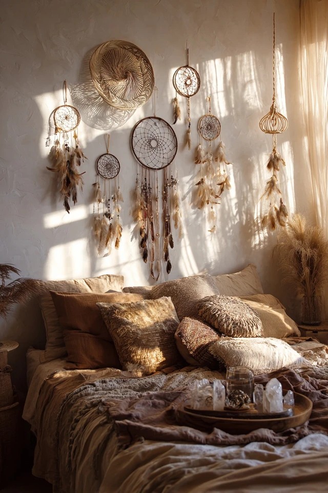 Jute rug with rattan headboard and wicker baskets