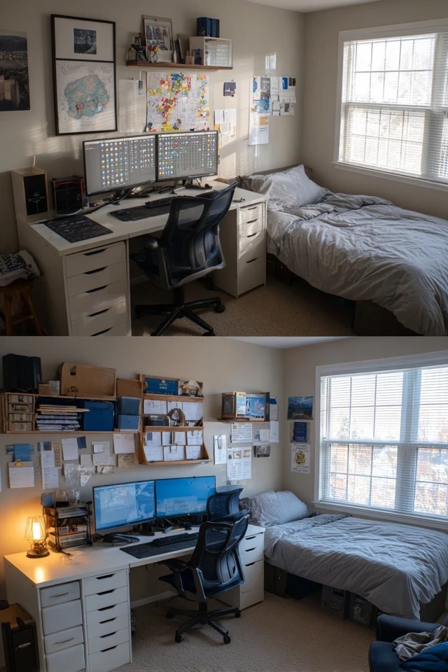 Large desk with dual monitors and supply storage