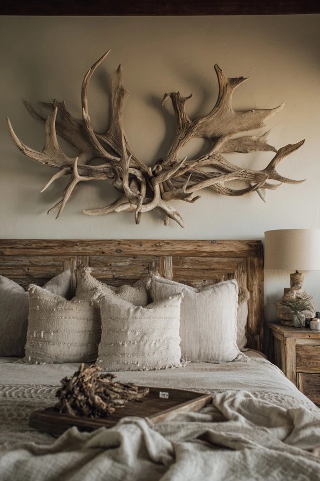 Exposed logs with white chinking and stone fireplace