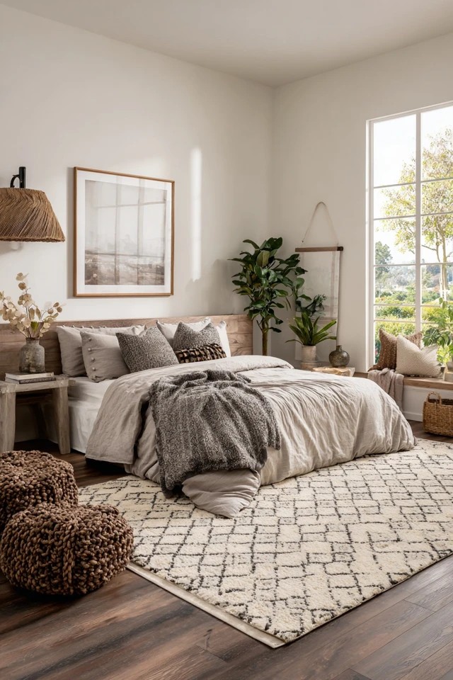 Warm ivory walls with cream bedding and off-white furniture