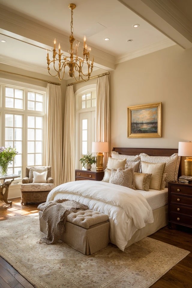 Soft beige with gold mirror frames and chandelier