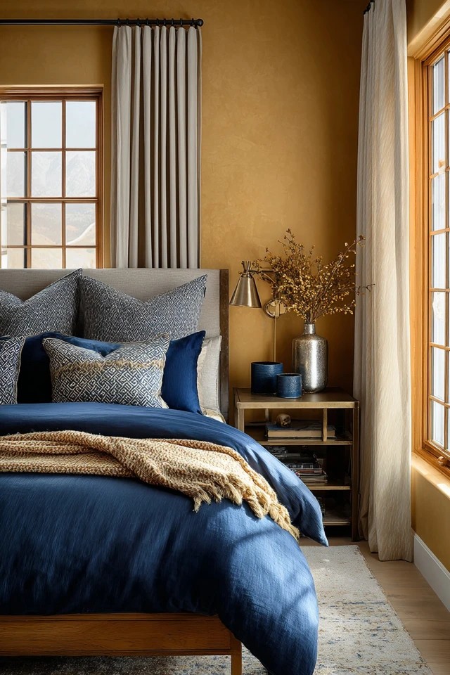 Warm wall tone with cool textile color creating balance