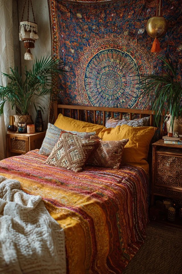 Large textile wall hanging with vibrant mandala pattern