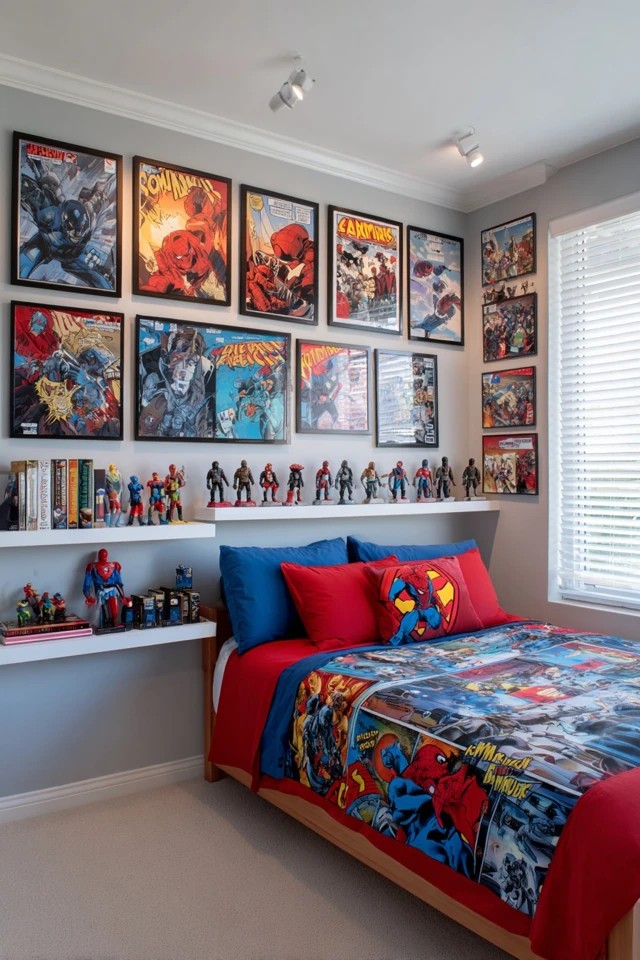 Framed comic art with action figure shelves