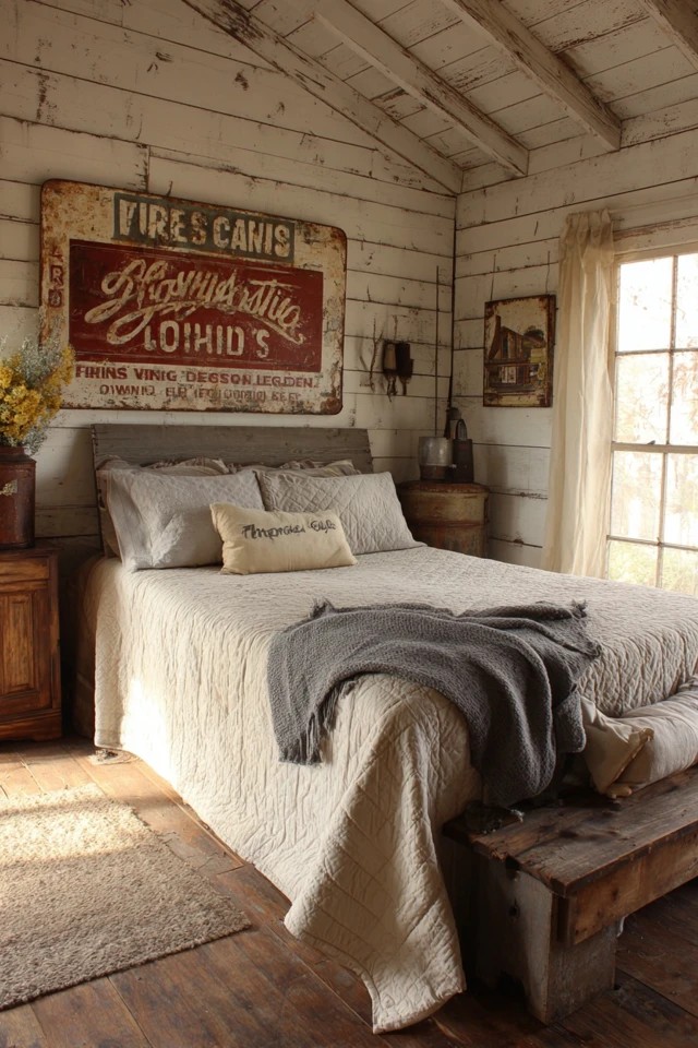 Vintage buckets as planters with farm tools