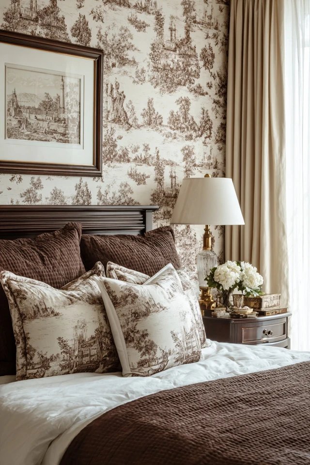 Brown walls with gold chandelier and mirror frames