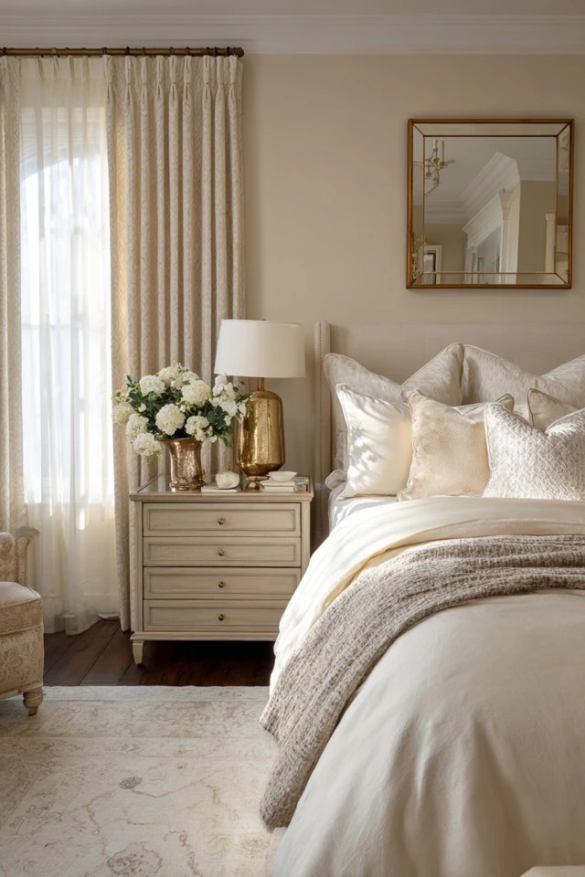 Woven wallpaper in natural beige behind bed