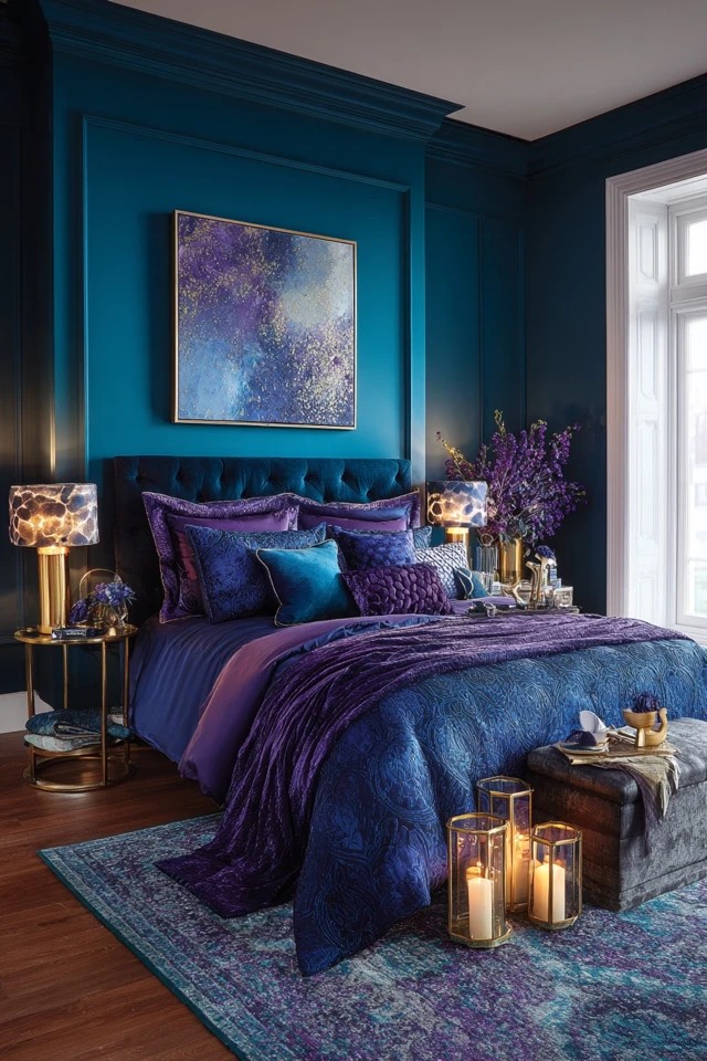 Deep saturated colors with emerald walls and royal blue