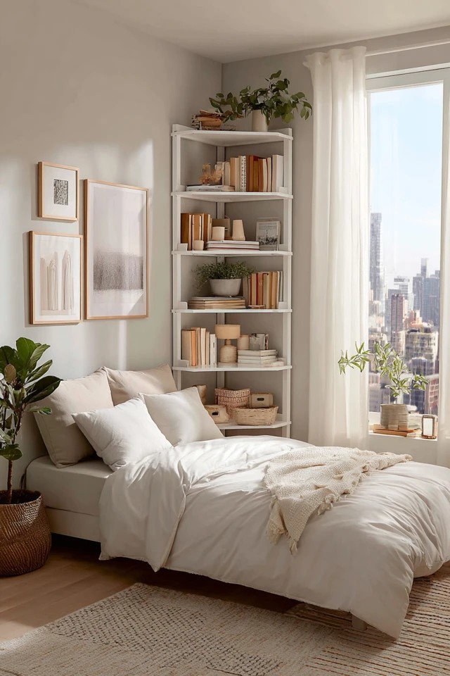 Tall corner shelf with graduated tiers