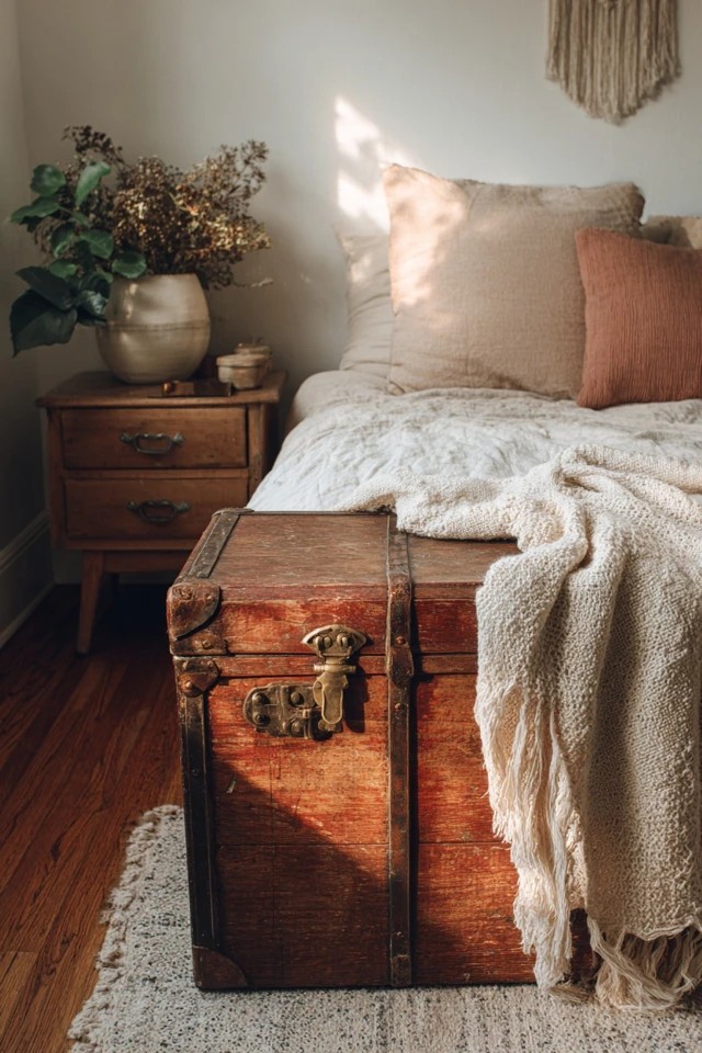 Antique wooden trunk beside bed serving as table