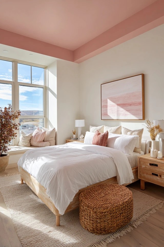 Soft pink walls with sage green bedding