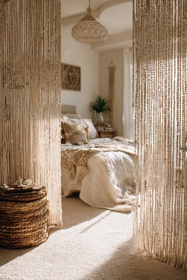 Wooden bead or shell curtain creating soft separation